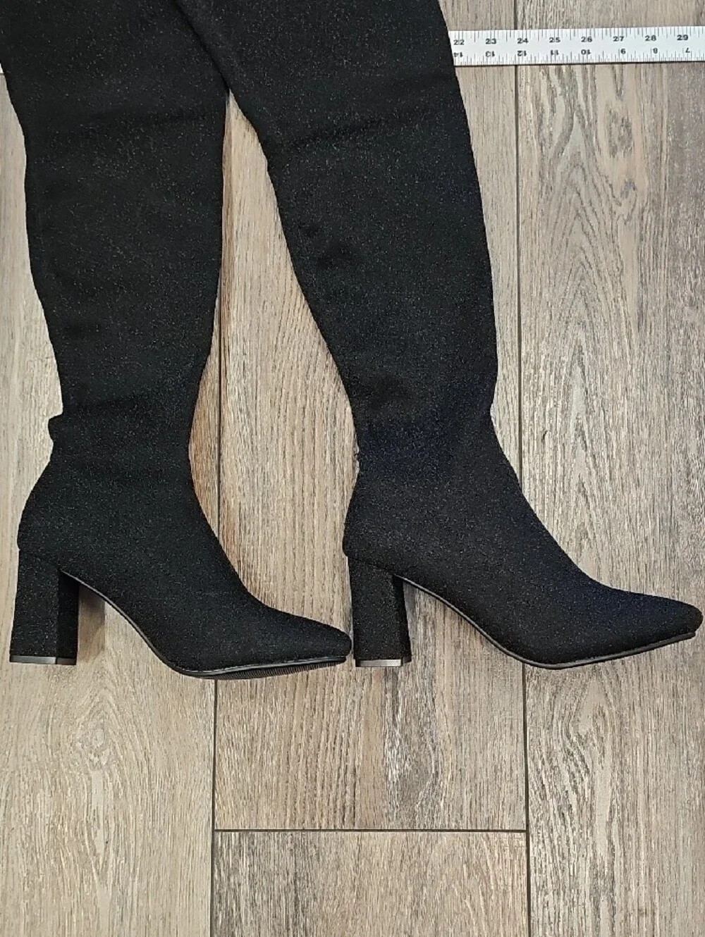 Black Over-the-Knee Stretch Block Heel Boots - Women, Sparkle